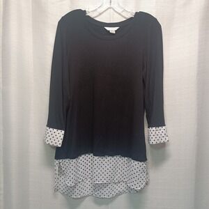 Christopher & Banks Black Polka Dot Trim 3/4 Sleeve Shirt Women's S Preppy